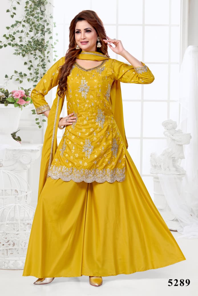 Shree Shanti Selection - Women's Yellow Embroidered Sharara Set with Gold Details
